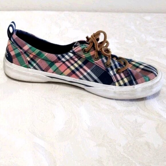 Women SPERRY Canvas Boat Loafers Flats Shoes 6 Plaid Navy Blue Coral Leather Tie - Picture 9 of 12